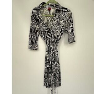 Merona Zebra Animal Print Wrap Dress Black White Y2K Office Chic Tie Waist S